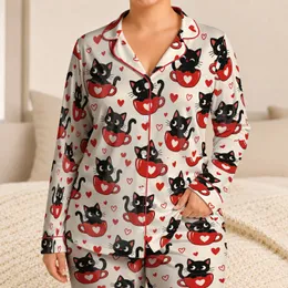 Black Cat Teacups with Red Hearts for Cozy Valentine's Day Lounging and Gifts at Home Satin Pajamas Set
