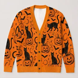 Black Cat and Jack-O’-Lantern Halloween Nightwear for Teen Autumn Halloween Parties All-over Print Knitted Cardigan