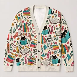 Banned Books, Reading Cats and Colorful Books for Cozy Halloween Fall Study Nights All-over Print Knitted Cardigan