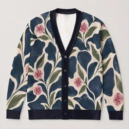 Navy Floral And Olive Botanical Motifs For Cozy Autumn Layering, Women's Style All-over Print Knitted Cardigan