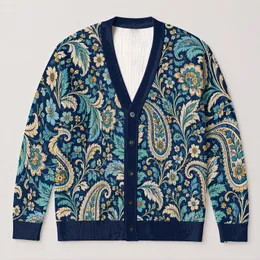 Navy Teal Paisley Blooms for Colorful Everyday Layering and Spring Garden Style All-over Print Knitted Cardigan