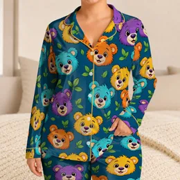 Colorful Cartoon Bear Faces for Cozy Lounging, Relaxed Weekends and Playful Home Style Satin Pajamas Set