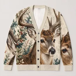 Woodland Deer and Botanical Foliage for Cozy Autumn Layering All-over Print Knitted Cardigan