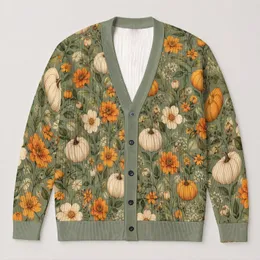 Autumn Pumpkins and Marigold Blooms for Cozy Seasonal Layering Women’s Fall Style All-over Print Knitted Cardigan