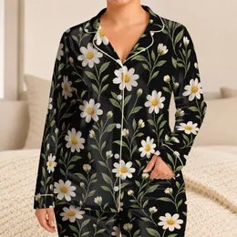 White Daisy And Golden Center Botanicals For Relaxed Weekend Lounging Satin Pajamas Set
