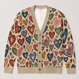 Colorful Folk Heart Motifs for Cozy Everyday Layering and Casual Outings for Women All-over Print Knitted Cardigan