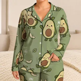 Cute Avocado Characters In Soft Sage Green For Cozy Lounging And Sleepy Nights Women Satin Pajamas Set