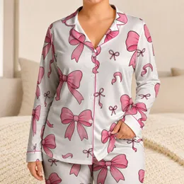 White And Pink Ribbon Bows For Sweet Nights, Gift Giving, And Cozy Lounging For Women Satin Pajamas Set