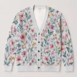 Watercolor Meadow Flowers for Garden Strolls and Everyday Layering All-over Print Knitted Cardigan