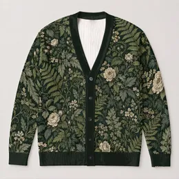 Dark Forest Ferns and Ivory Roses for Everyday Botanical Nature-Inspired Layering All-over Print Knitted Cardigan