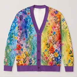 Rainbow Wildflower Color Wash For Cheerful Everyday Layering And Creative Casual Style All-over Print Knitted Cardigan