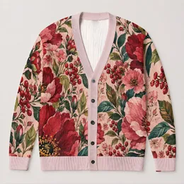 Bohemian Red And Rose Floral Collage For Relaxed Everyday Layering And Artful Style All-over Print Knitted Cardigan