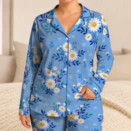 Cornflower Blue Daisy Blooms For Cozy Nights, Weekend Lounging, And Gift Giving At Home Satin Pajamas Set