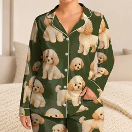 Vintage Olive Green Puppy Motif For Cozy Home Evenings, Pet Lover Gift For Women Satin Pajamas Set
