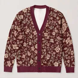 Burgundy Cream Wildflower Blooms for Cozy Everyday Layering and Bohemian Wardrobe Style All-over Print Knitted Cardigan