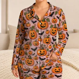 Blush Pink Pumpkin and Bat Halloween Lounge Looks for Plus Size Women Fall Evenings Satin Pajamas Set