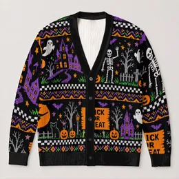 Spooky Pumpkin Ghosts and Haunted Houses for Halloween Trick-or-Treat Celebrations All-over Print Knitted Cardigan