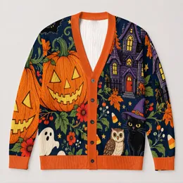 Halloween Black Cat Pumpkin and Haunted House for Spooky Autumn Fall Celebrations All-over Print Knitted Cardigan