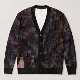 Haunted House Ghost Skeleton Pumpkin Halloween Scene for Spooky Autumn Nights Out All-over Print Knitted Cardigan