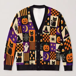 Retro Halloween Patchwork with Black Cats and Pumpkins for Cozy Autumn Festivities All-over Print Knitted Cardigan
