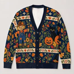 Pumpkin Cat, Ghost And Scarecrow Autumn Halloween Style For Cozy Fall Days All-over Print Knitted Cardigan