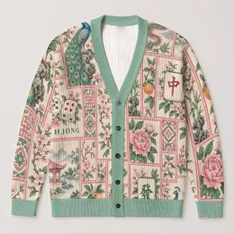 Mahjong Dragon, Peony and Floral Tile Motifs for Game Night, Good Fortune and Everyday Style All-over Print Knitted Cardigan