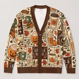 Pumpkin Spice Coffee Cups and Autumn Leaves for Cozy Fall Café Days All-over Print Knitted Cardigan