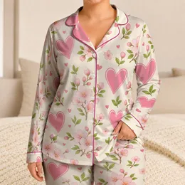 Cherry Blossom Hearts For Spring Gifts, Soft Ivory Pink Lounge Style At Home For Women Satin Pajamas Set