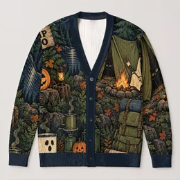 Ghost, Pumpkin and Campfire Camping Scene for Halloween Nighttime Outdoor Lovers All-over Print Knitted Cardigan