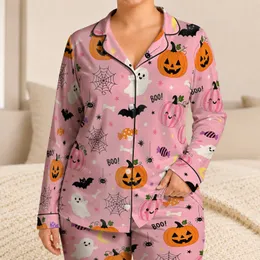 Pink Halloween Pumpkins, Ghosts And Bats Cozy Autumn Sleepwear For Women At Home Satin Pajamas Set