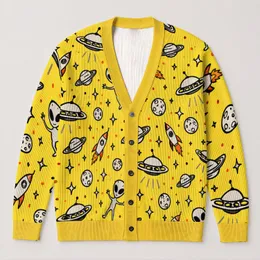 Playful Yellow Space Aliens And UFOs For Casual Everyday Wear And Cosmic Adventure Fans All-over Print Knitted Cardigan