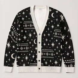 Black And White Celestial Stars And Crescent Moon For Relaxed Everyday Streetwear Style All-over Print Knitted Cardigan
