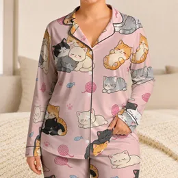 Sleepy Cat Cuddle Scene On Soft Blush Pink For Cozy Nights And Relaxed Evenings At Home Satin Pajamas Set