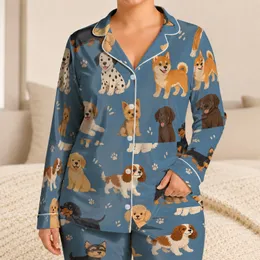 Playful Puppy Party Dusty Blue Cozy Bedtime Comfort For Boys And Girls At Home Style Satin Pajamas Set