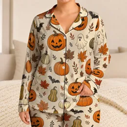Halloween Pumpkin And Maple Leaf Sleepwear For Cozy Autumn Nights At Home For Girls Satin Pajamas Set