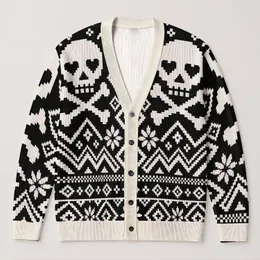 Black White Skull Crossbones Geometric Motif for Halloween and Streetwear Style All-over Print Knitted Cardigan