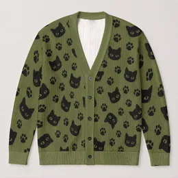 Black Cat Faces And Paw Prints For Cozy Autumn Days And Everyday Layering All-over Print Knitted Cardigan