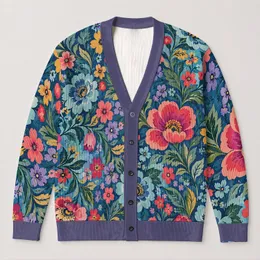 Colorful Folk Floral Blooms for Everyday Layering and Creative Weekend Style All-over Print Knitted Cardigan
