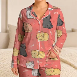 Sweet Coral Cat And Heart Repeat For Cozy Nights, Sleepovers, And Gifted Her Style Satin Pajamas Set