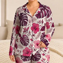 Tropical Hibiscus And Monstera Resort Vacation Wear For Women On Warm Getaway Days Satin Pajamas Set