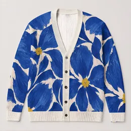 Cobalt Blue Floral Layering Style for Spring Autumn Women Everyday Casual Wardrobe All-over Print Knitted Cardigan