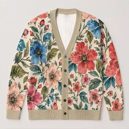 Colorful Vintage Watercolor Floral Blooms for Casual Spring Layering and Weekend Style All-over Print Knitted Cardigan