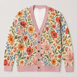 Watercolor Wildflower Blooms for Relaxed Coastal Layering, Women's Everyday Style All-over Print Knitted Cardigan