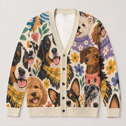 Playful Cartoon Dogs in Colorful Outfits for Casual Everyday Layering, Dog Lovers Style All-over Print Knitted Cardigan