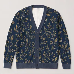 Gold Botanical Vine Motif on Navy Casual Layering Style for Women and Everyday Wear All-over Print Knitted Cardigan