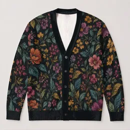 Dark Botanical Blooms for Relaxed Everyday Layering and Weekend Wear for Women’s Style All-over Print Knitted Cardigan