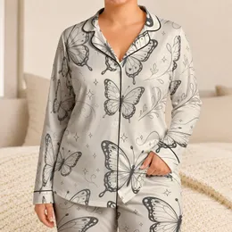Butterfly Sketch Evening Set For Cozy Nights And Gift Giving In Soft Ivory Tones Satin Pajamas Set