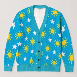 Blue Sun And Star Motifs For Relaxed Everyday Layering, Women's Casual Homewear Style All-over Print Knitted Cardigan