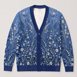 Blue Wildflower Lace Motif for Beach Days and Relaxed Vacation Layering Women’s Style All-over Print Knitted Cardigan