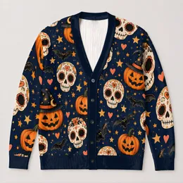 Halloween Skull Pumpkin Bats and Stars for Cozy Fall Layering Women's Gothic Style All-over Print Knitted Cardigan